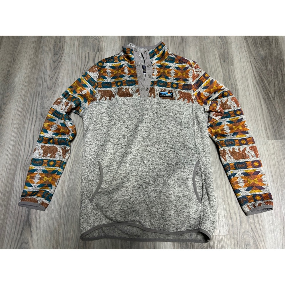 Simply Southern Womens Bear Southwestern Fleece Pullover Polyester M Gray Orange